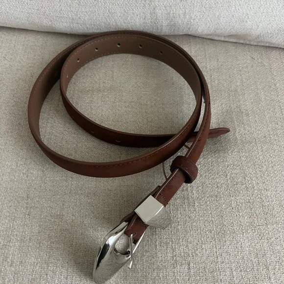 Brown Suede/Nubuck Belt with Silver Sculptural Asymmetric Buckle - Picture 2 of 3